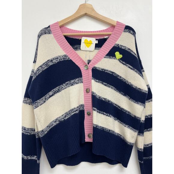 Kerri Rosenthal 100% Cashmere Mixed Stripe Colorful Heart Boxy V-Neck CardiganXS - Picture 3 of 9